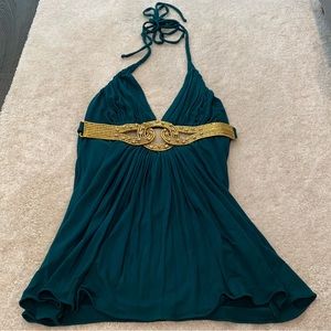 Gorgeous emerald green top with gold accents, Sky brand in size medium